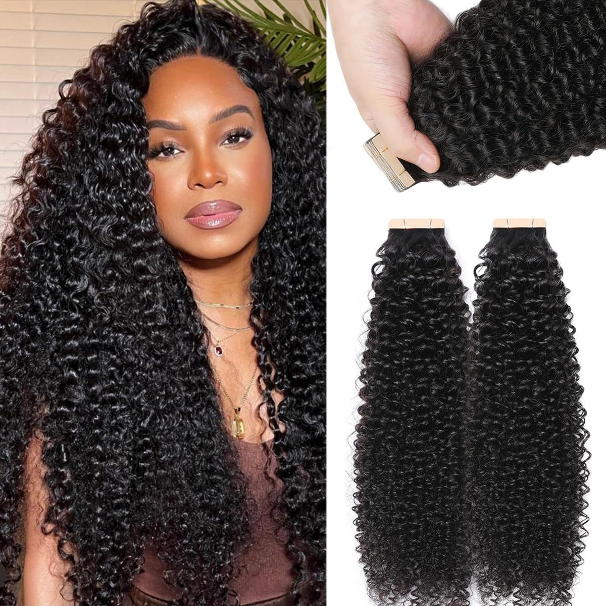 Smartinnov Kinky Curly Tape In Hair Extensions, 14 Inch, 50G, Brazilian Human Hair, 20Pcs Set