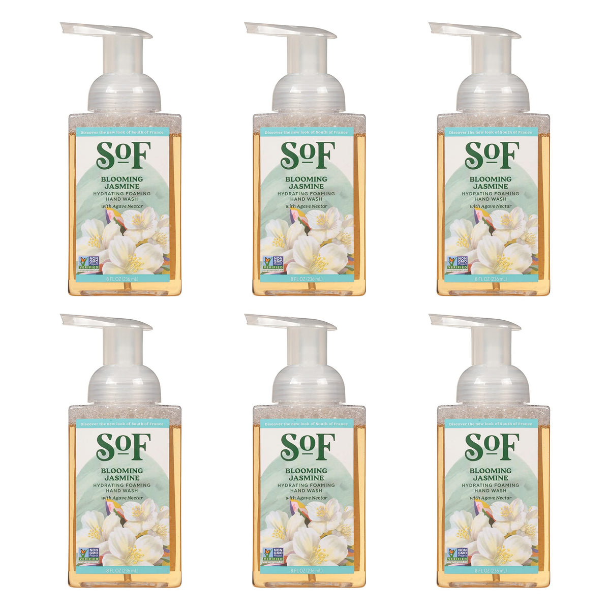 Blooming Jasmine Foaming Hand Wash By South Of France | Hydrating Agave Nectar | 6 X 8 Oz Bottles