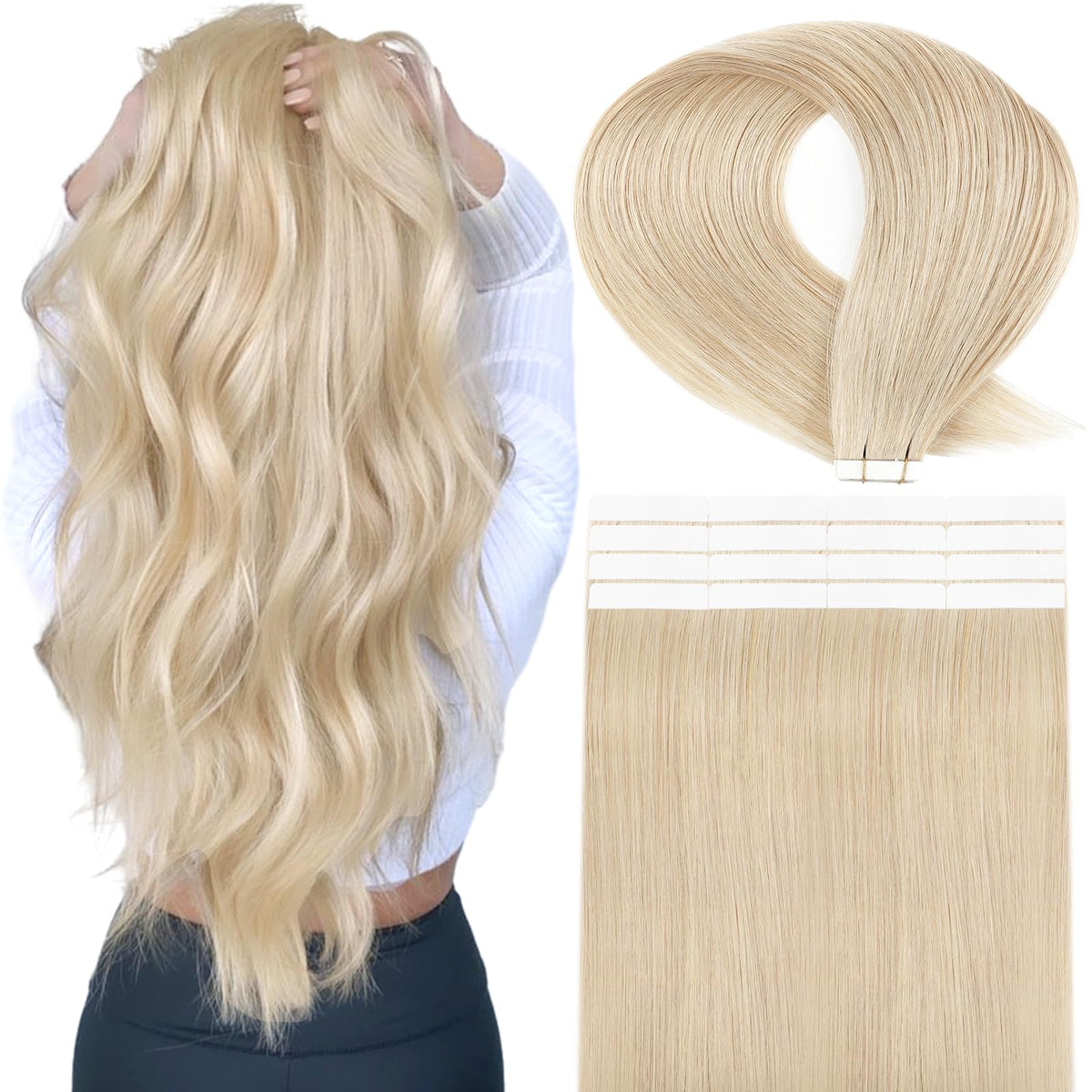 Ymeyme 16&quot; Tape In Hair Extensions - Human Hair, Seamless Skin Weft, #60 Platinum Blonde, 20