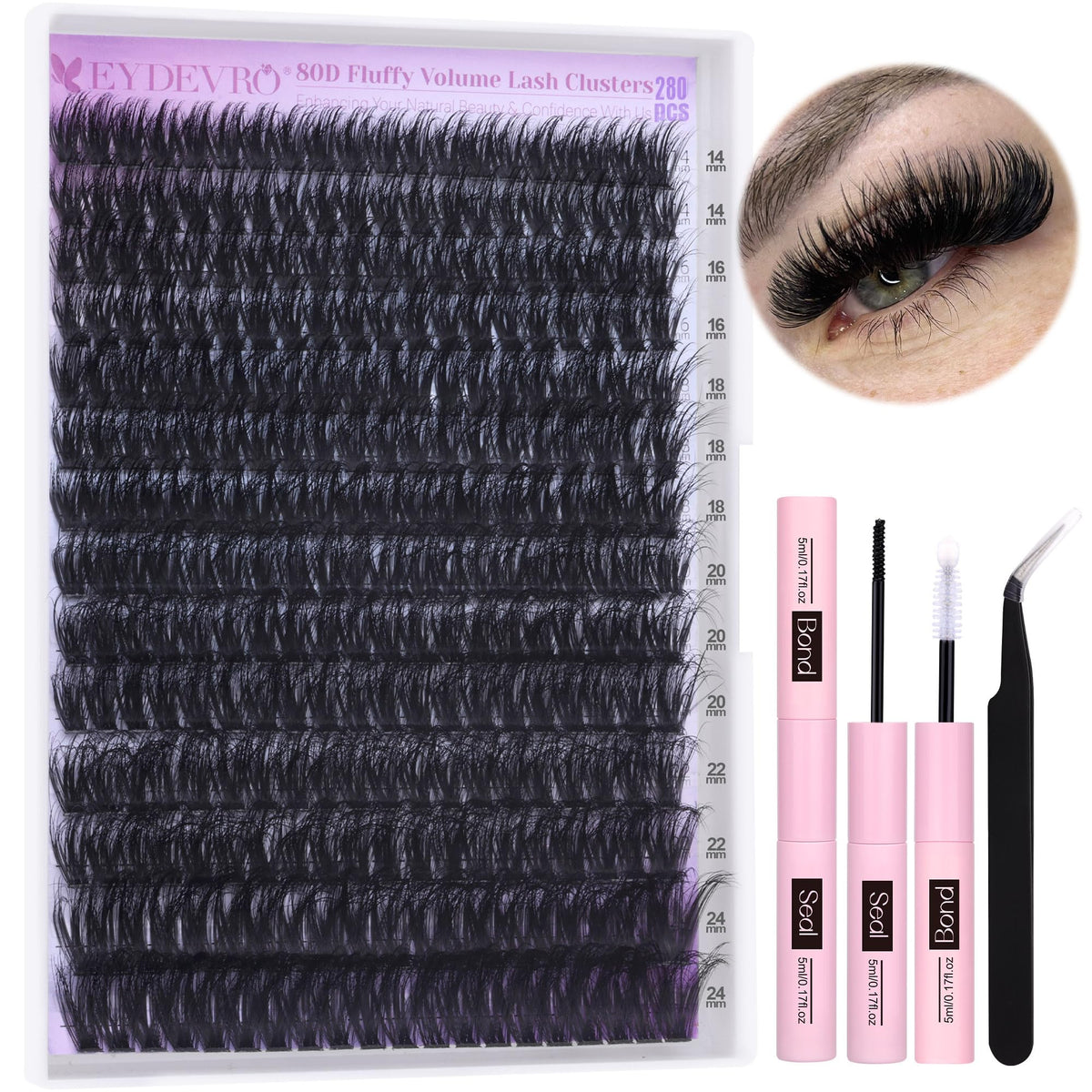 Eydevro Fluffy Lash Clusters Kit - 280 Pcs 14-24Mm Synthetic Fiber Eyelash Extensions, Waterproof Bond