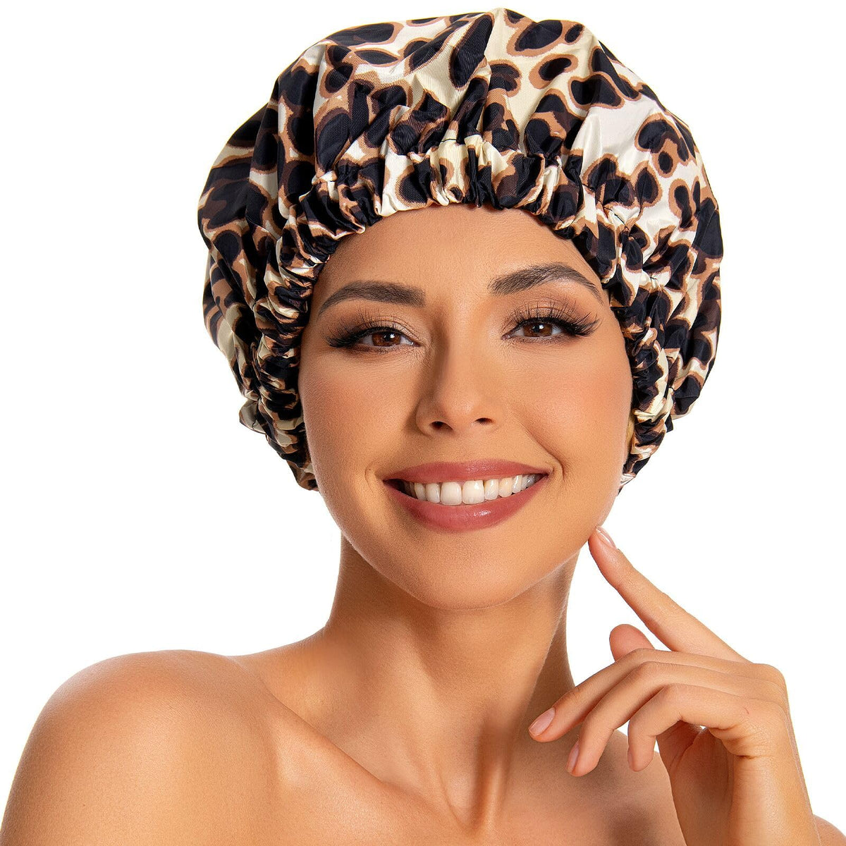 Edoneery Reusable Waterproof Shower Cap For Women - Large Elastic Bath Hair Hat, Brown Leopard