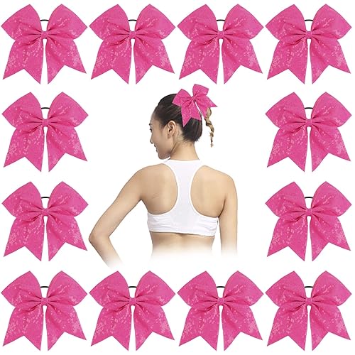 OAOLEER 12PCS Shocking Pink Glitter Cheer Hair Bows for Girls - Elastic Ponytail Holders