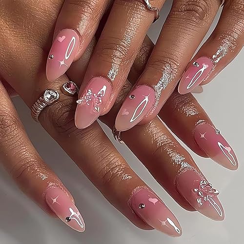 IMSOHOT Pink Almond Press on Nails - Stiletto Butterfly Rhinestone Full Cover Acrylic - 24pcs