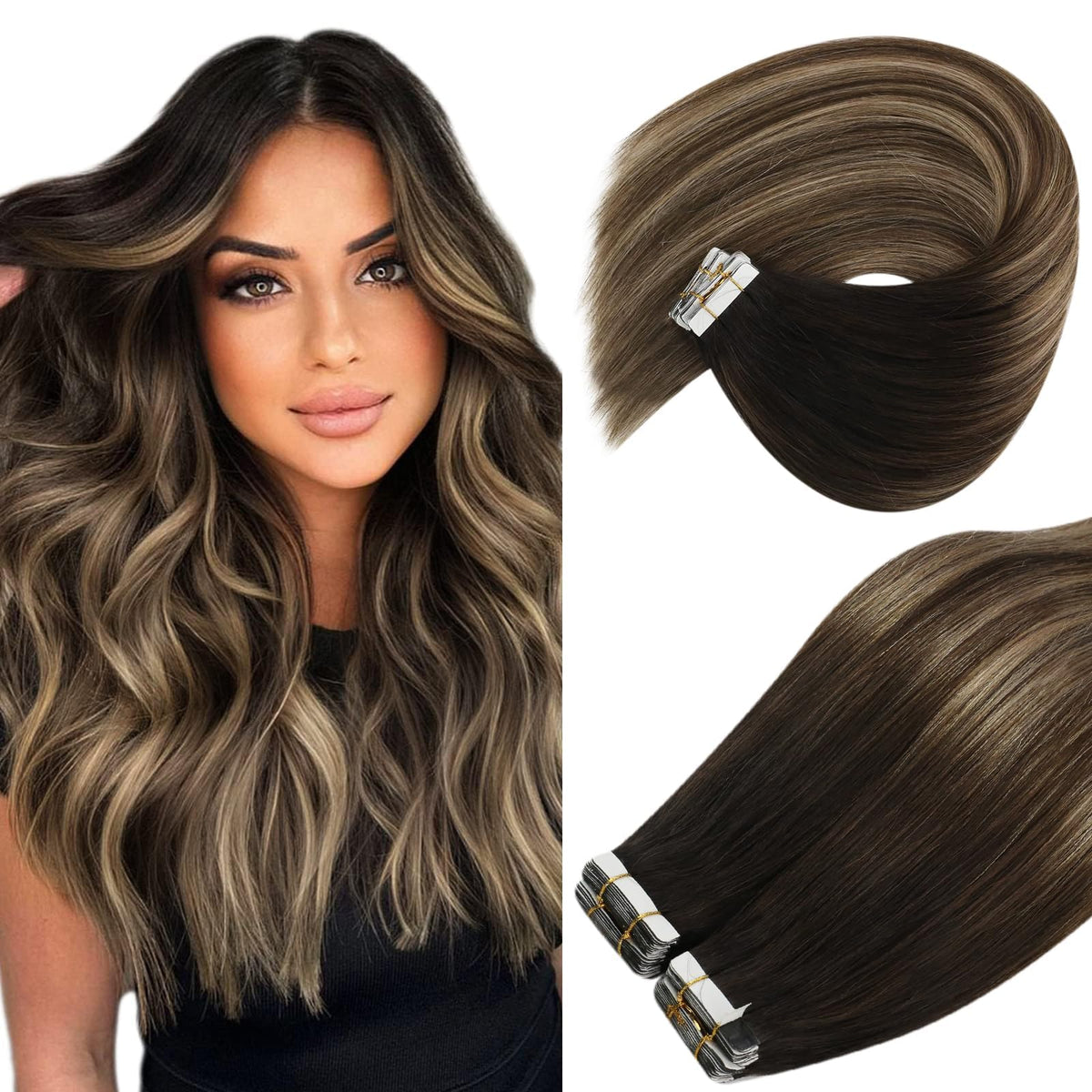 Ve Sunny 12&quot; Ombre Tape In Hair Extensions - Human Hair, Black To Dark Brown Balayage, 20Pcs