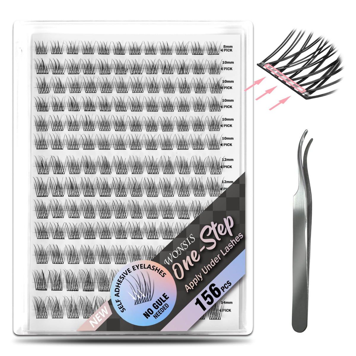 Wonsis Self Adhesive Eyelashes, 156 Pcs Pre-Glued Clusters, No Glue, Invisible Strip, Black