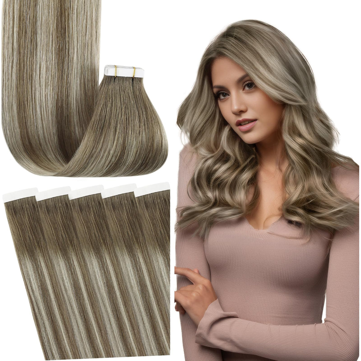 Fshine 16&quot; Remy Tape-In Hair Extensions, Balayage Chestnut Brown To Platinum Blonde, 50G