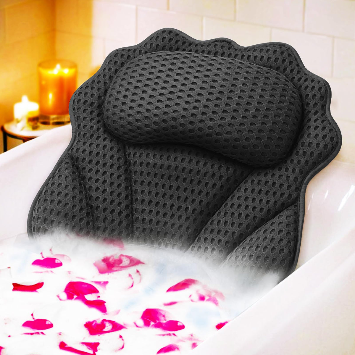 Ruvince Ergonomic Luxury Bath Pillow - Support For Head, Neck & Back, 6 Suction Cups, Black