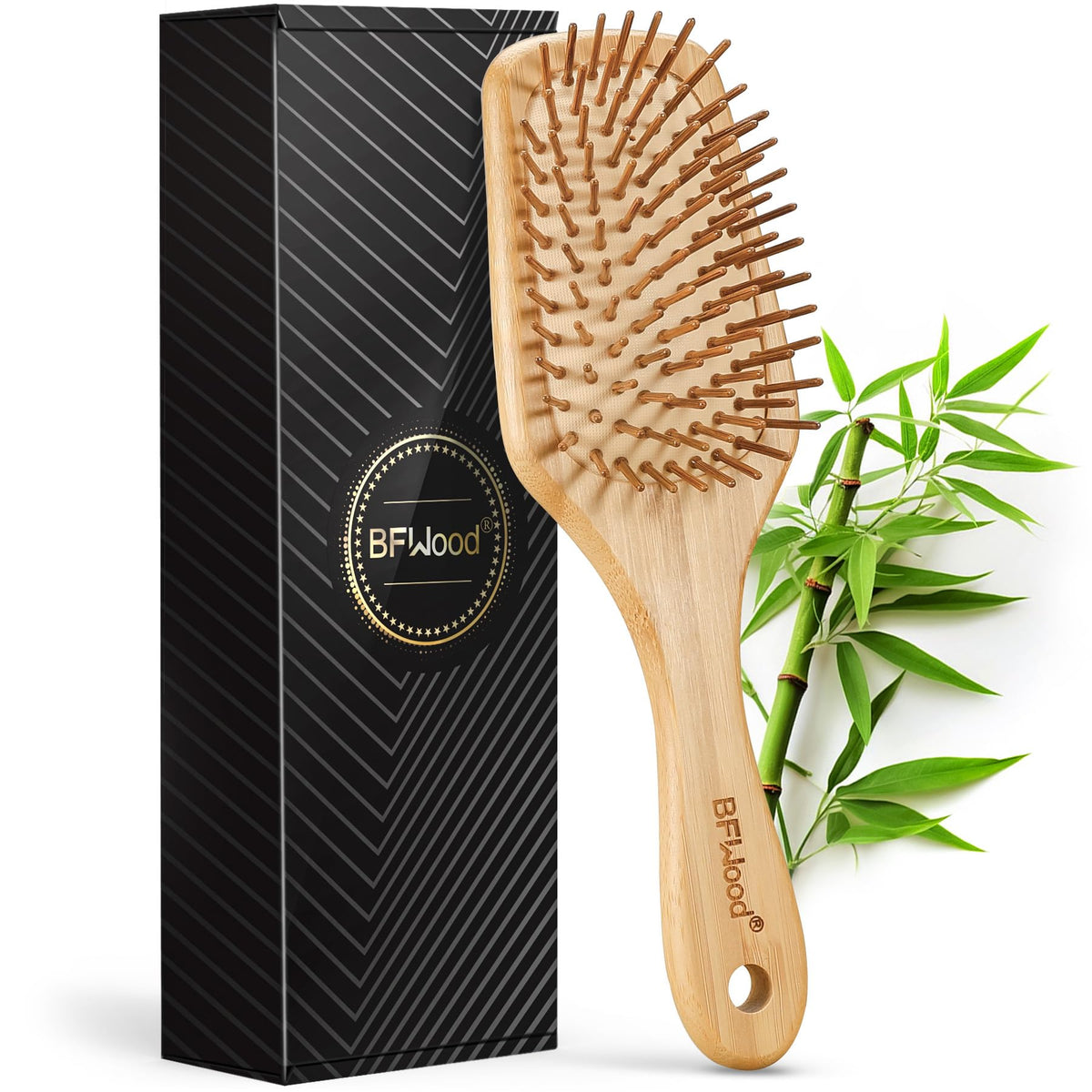 BFWood Bamboo Paddle Hairbrush with Bristles for Scalp Massage - Eco-Friendly Wood Design