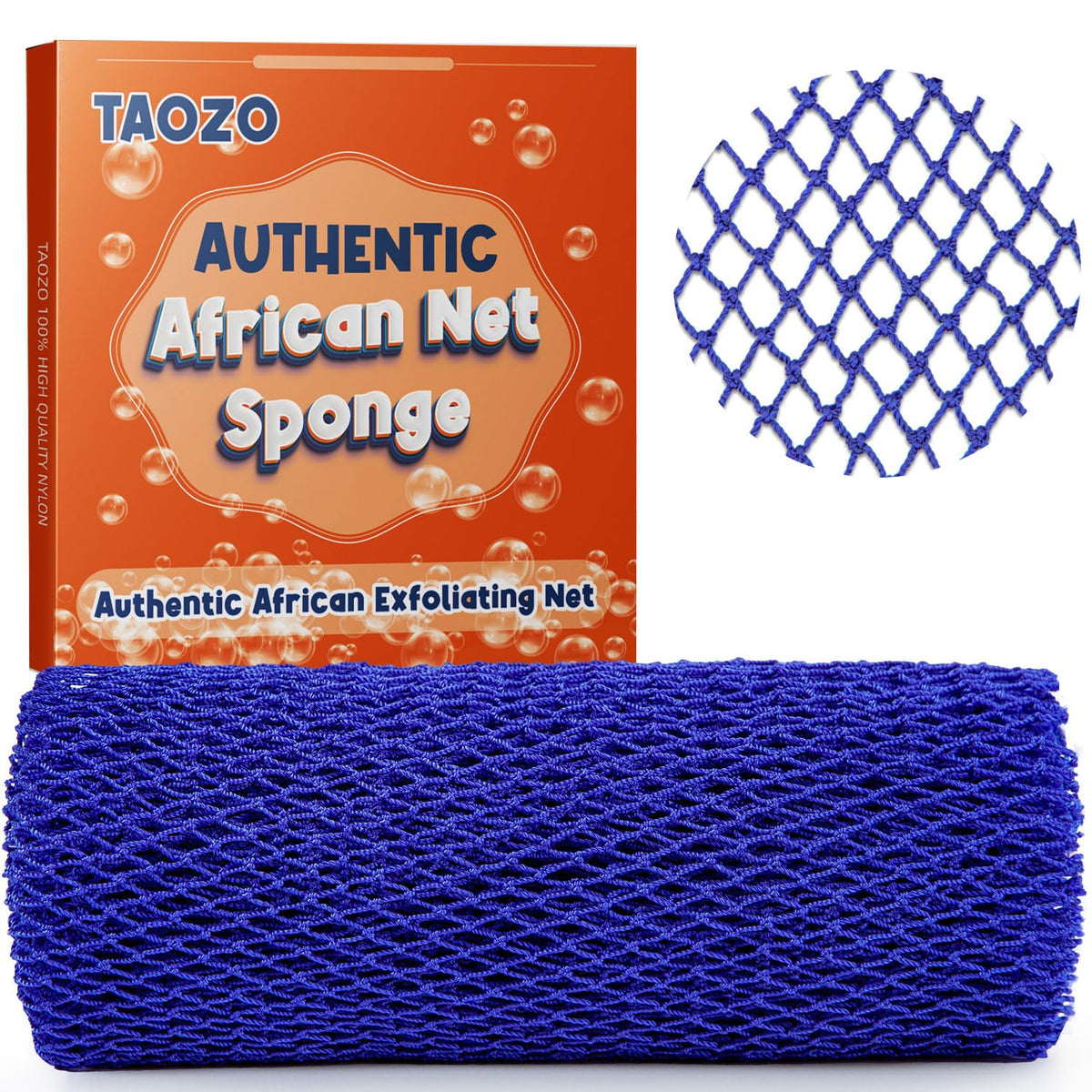 Taozo African Net Sponge - Authentic Exfoliating Long Bath Scrubber, Blue, Nylon, 1 Count