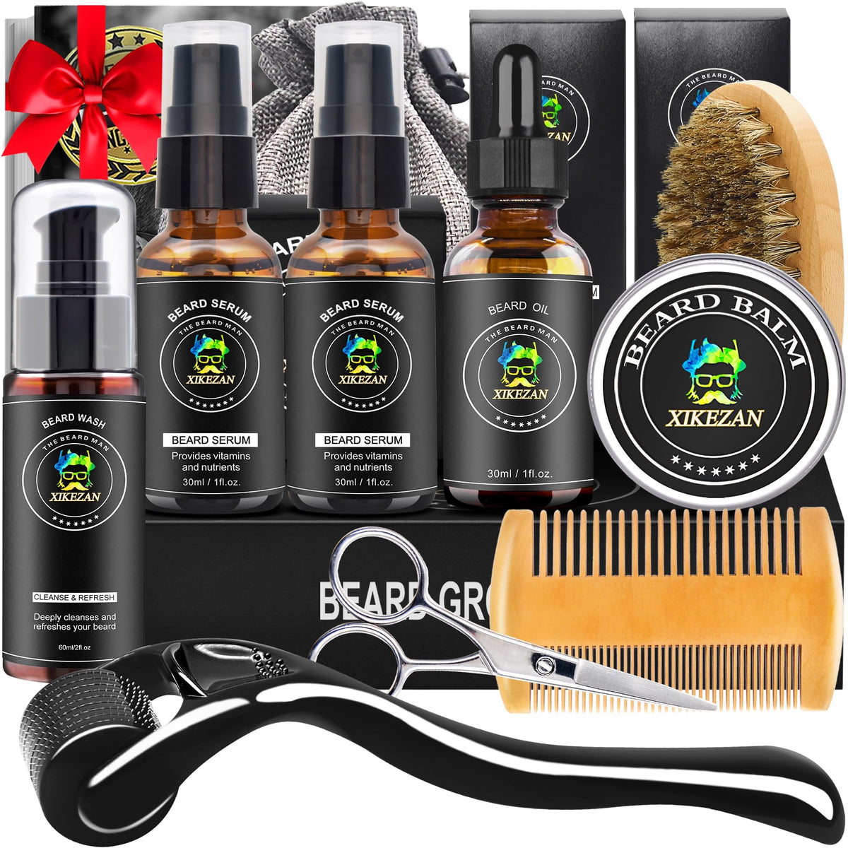 Xikezan Beard Kit - Wash, Oil, Balm, Comb, Scissors & E-Book - Perfect Gift For Men & D