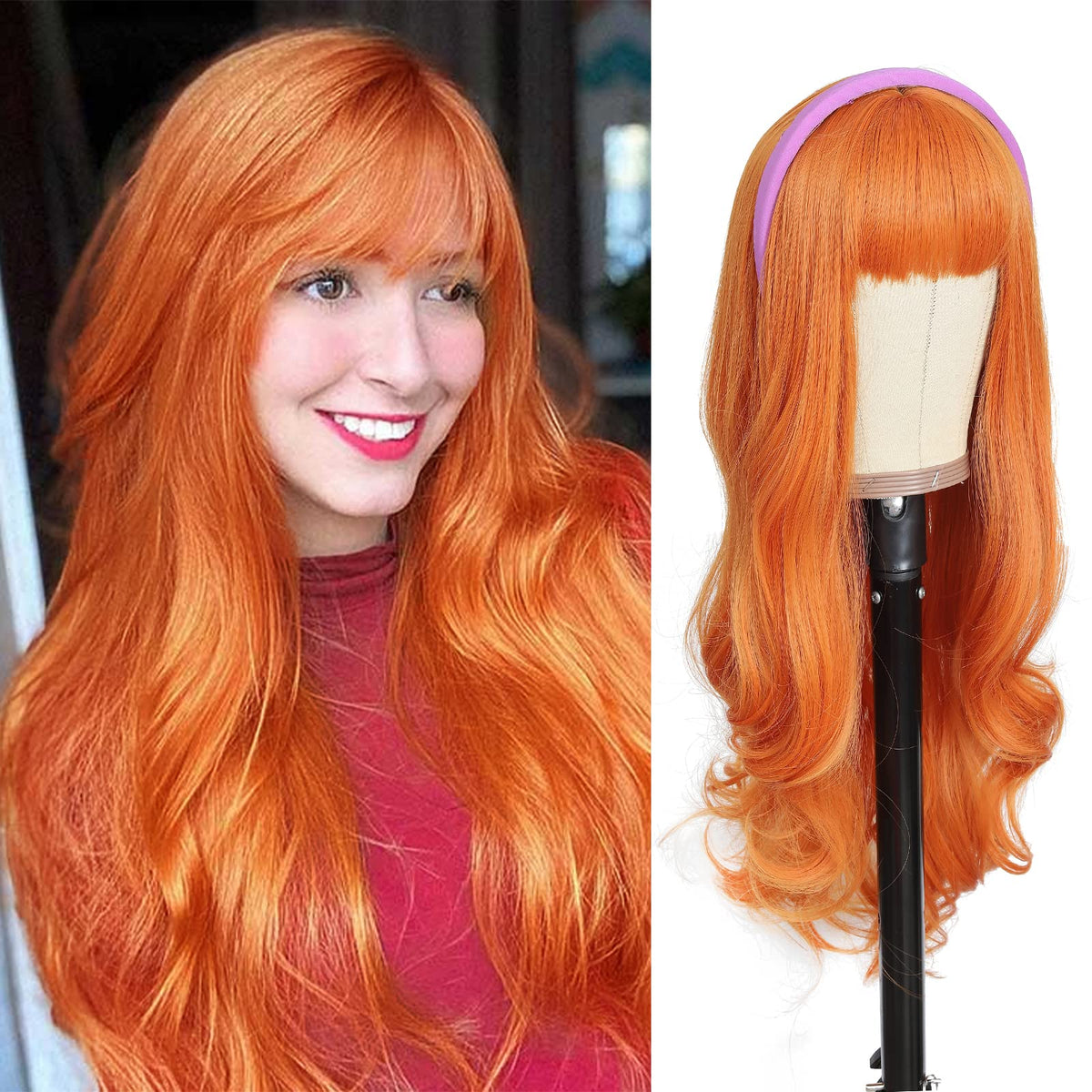 Aisi Queens 26&quot; Orange Ginger Wig With Bangs - Heat Resistant Synthetic Halloween Cosplay