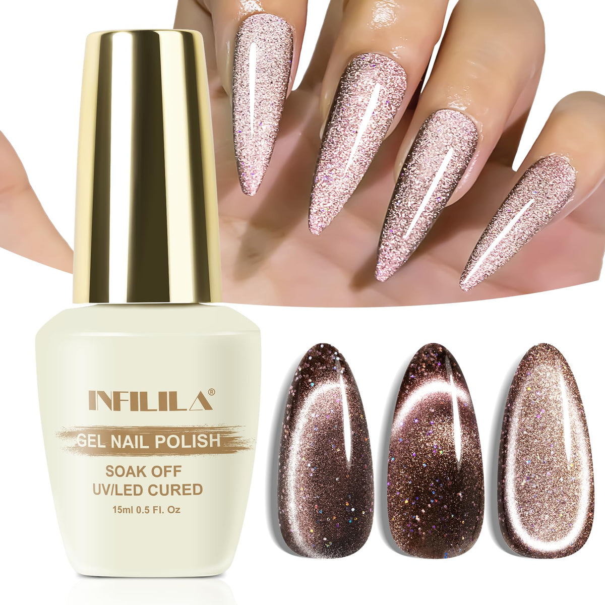 Nxj Infilila Cat Eye Gel Polish 15Ml E-Gold Holographic Glitter Magnetic Reflective Hema Free