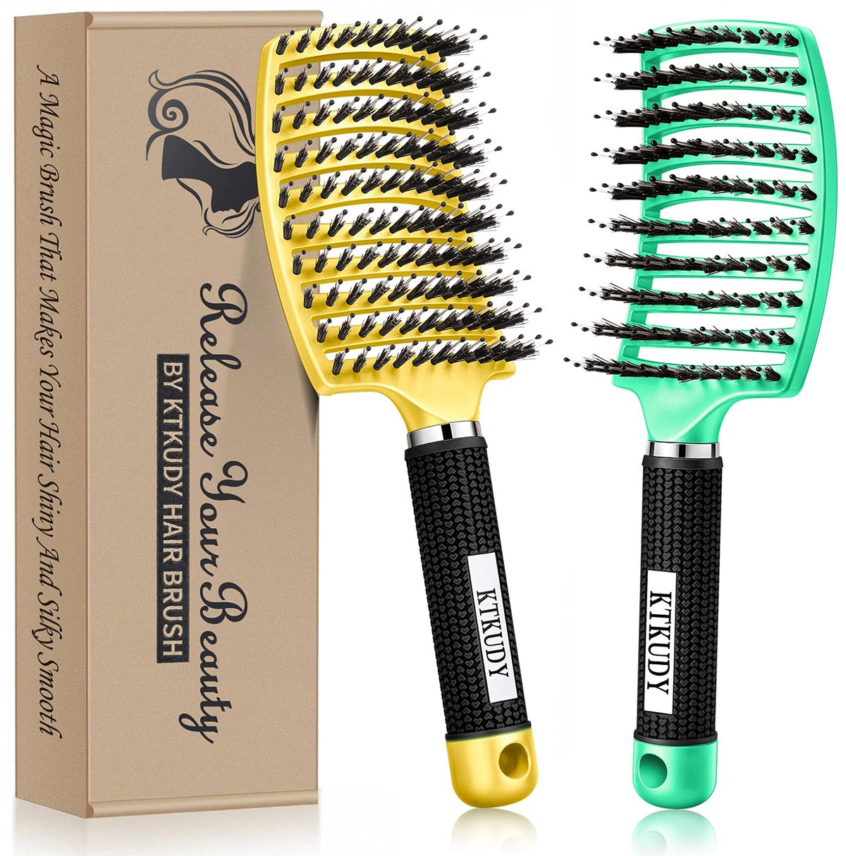 Ktkudy Detangling Brush - Pain-Free Boar Bristle Hair Brush For Shiny, Healthy Hair (Yellow & Green)