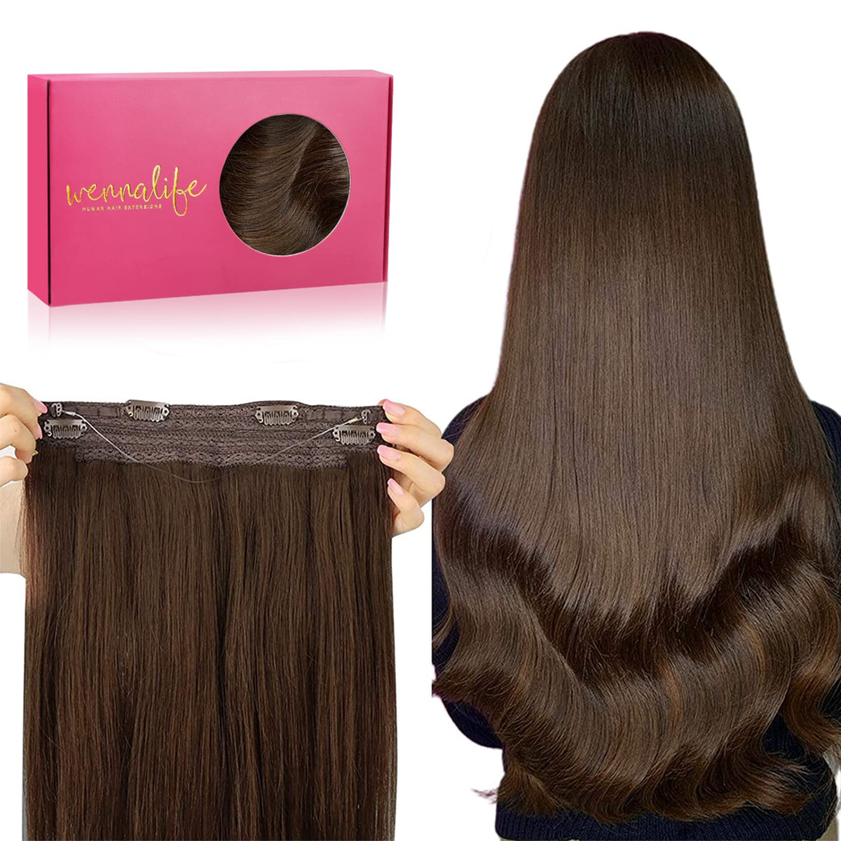 WENNALIFE 22&quot; 120g Chocolate Brown Remy Wire Hair Extensions - Real Human Hair, Invisible Fish Line