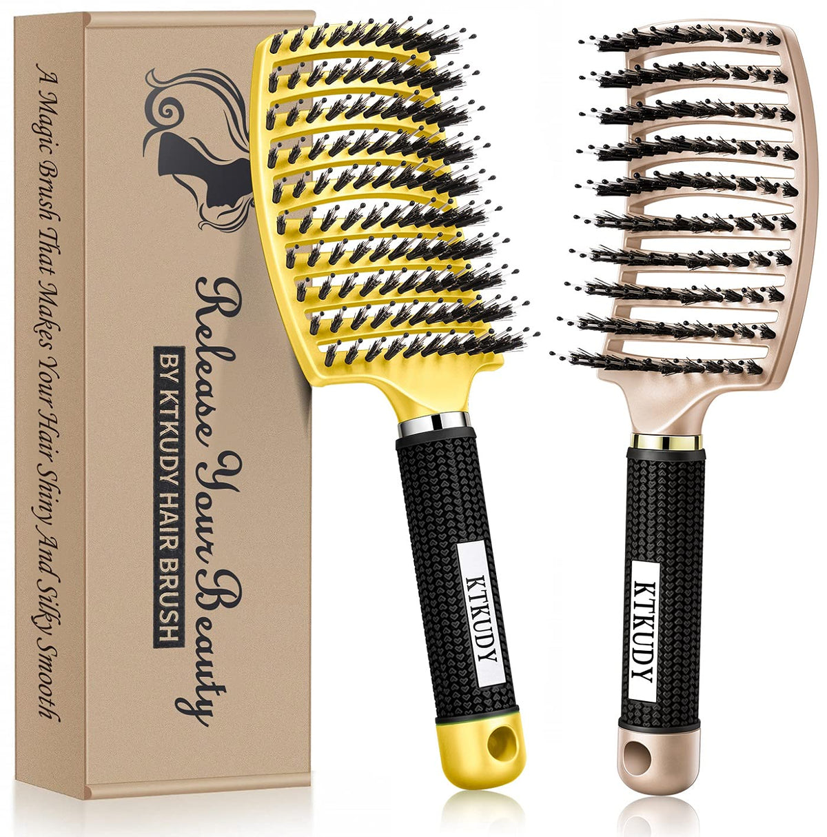 Ktkudy Boar Bristle Detangling Brush For Wet & Dry Hair - Pain-Free, Shiny Results (Gold & Yellow