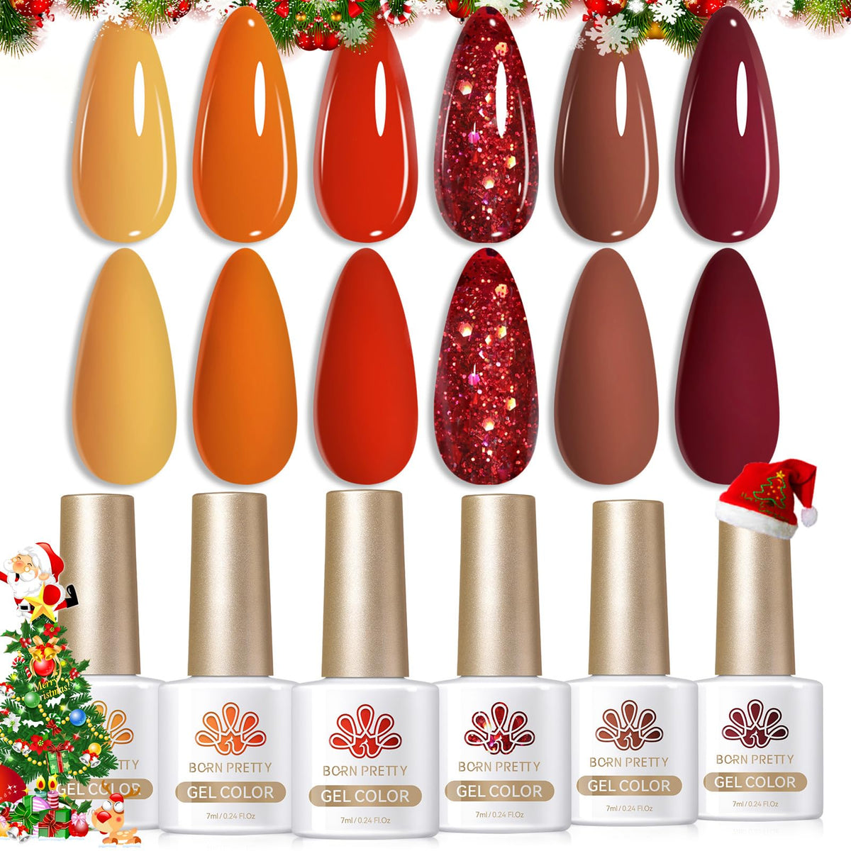 Born Pretty 6Pcs Fall Winter Gel Nail Polish Set - Caramel Pumpkin Orange Red Shimmer