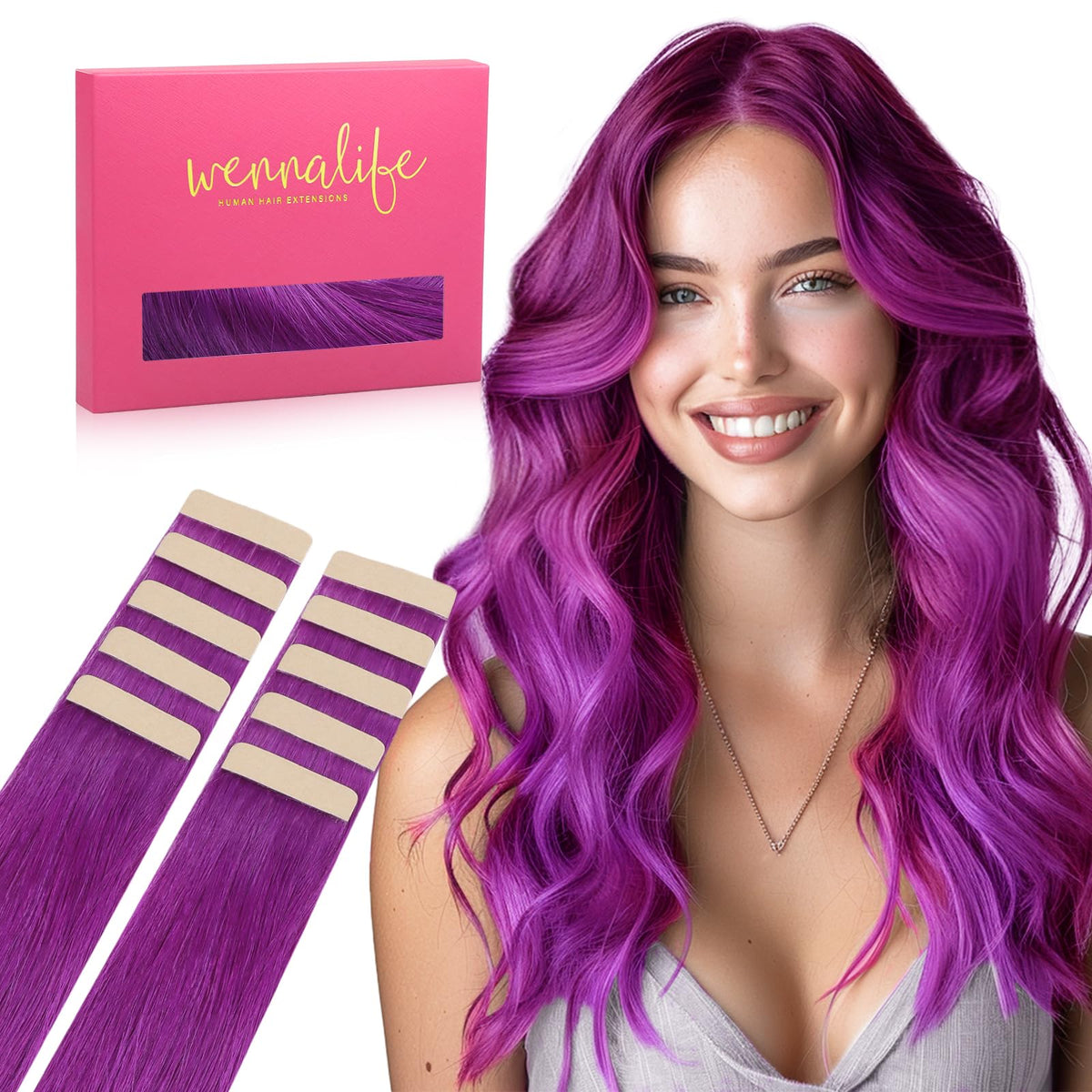 WENNALIFE Purple Tape in Hair Extensions, 18 Inch, 25g, 10pcs Remy Human Hair, Invisible Soft