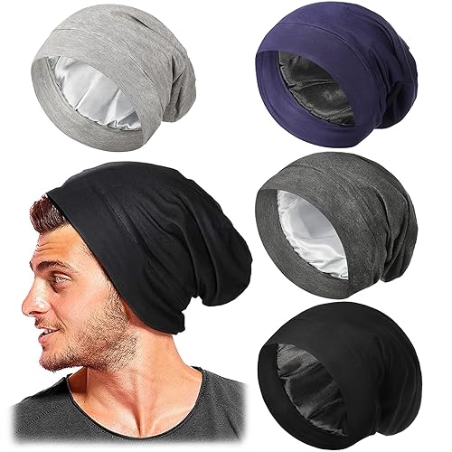 Geyoga 4 Pcs Satin Lined Sleep Bonnets, Silk Caps For Curly Hair - Multi-Color Beanie Hats