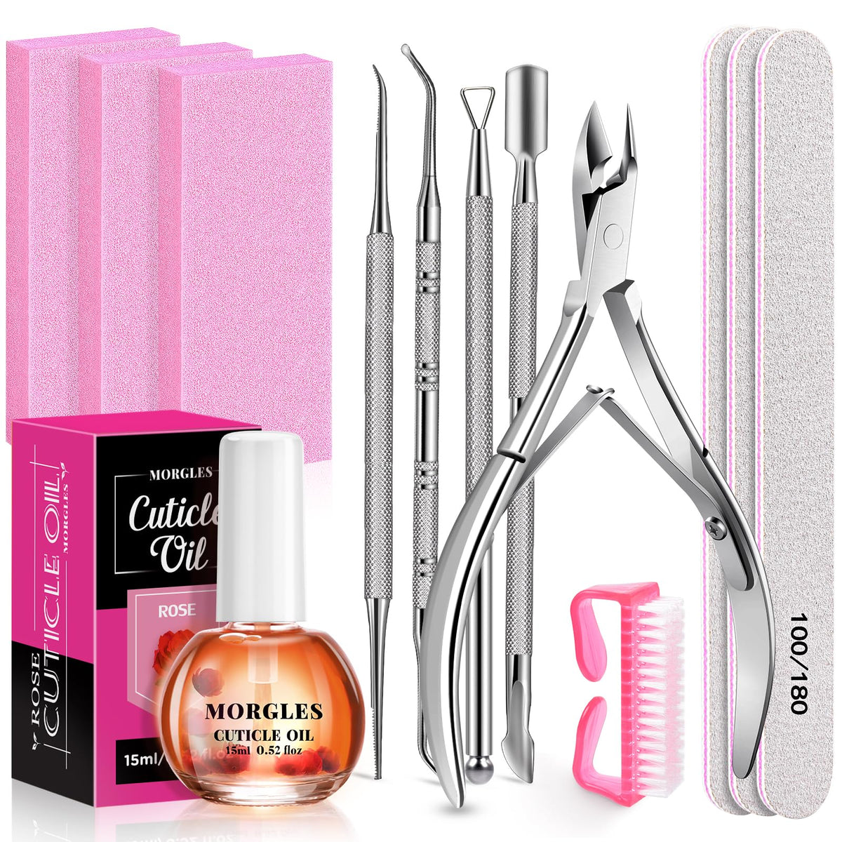 MORGLES Cuticle Remover Kit with Nail File, Buffer, Cuticle Oil & Professional Tools