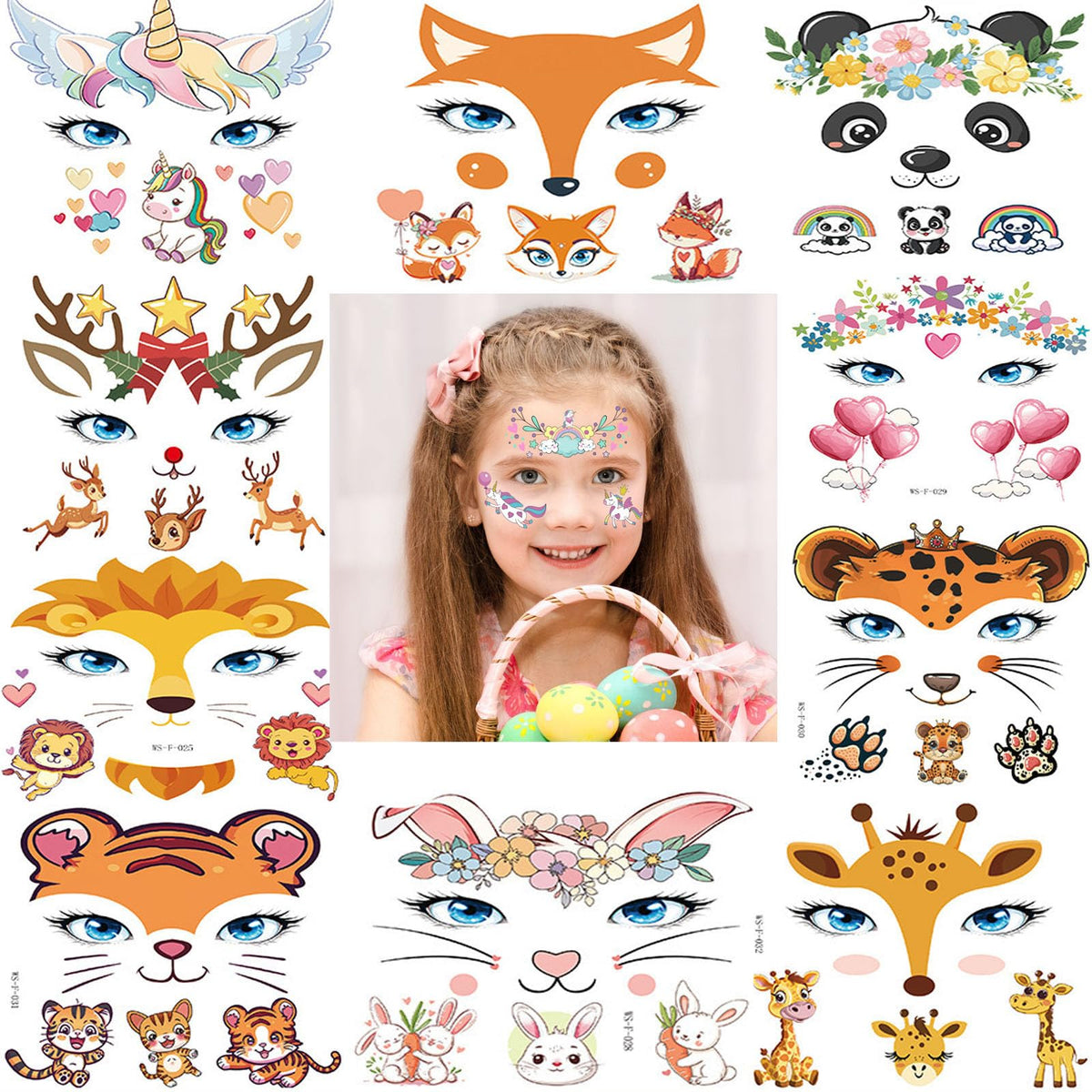 Fhjbja Animal Temporary Face Tattoo Stickers Set For Kids - 10 Sheets Butterfly Panda Floral