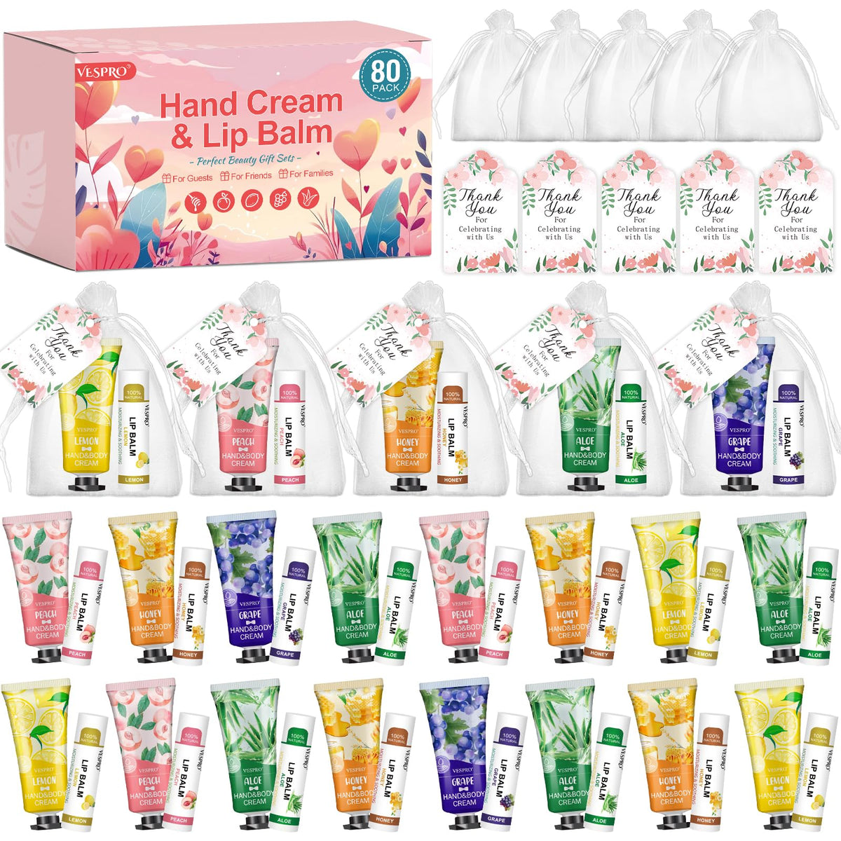 Vespro 80 Sets Hand Cream & Lip Balm Gifts - Easter Basket Stuffers & Party Favors