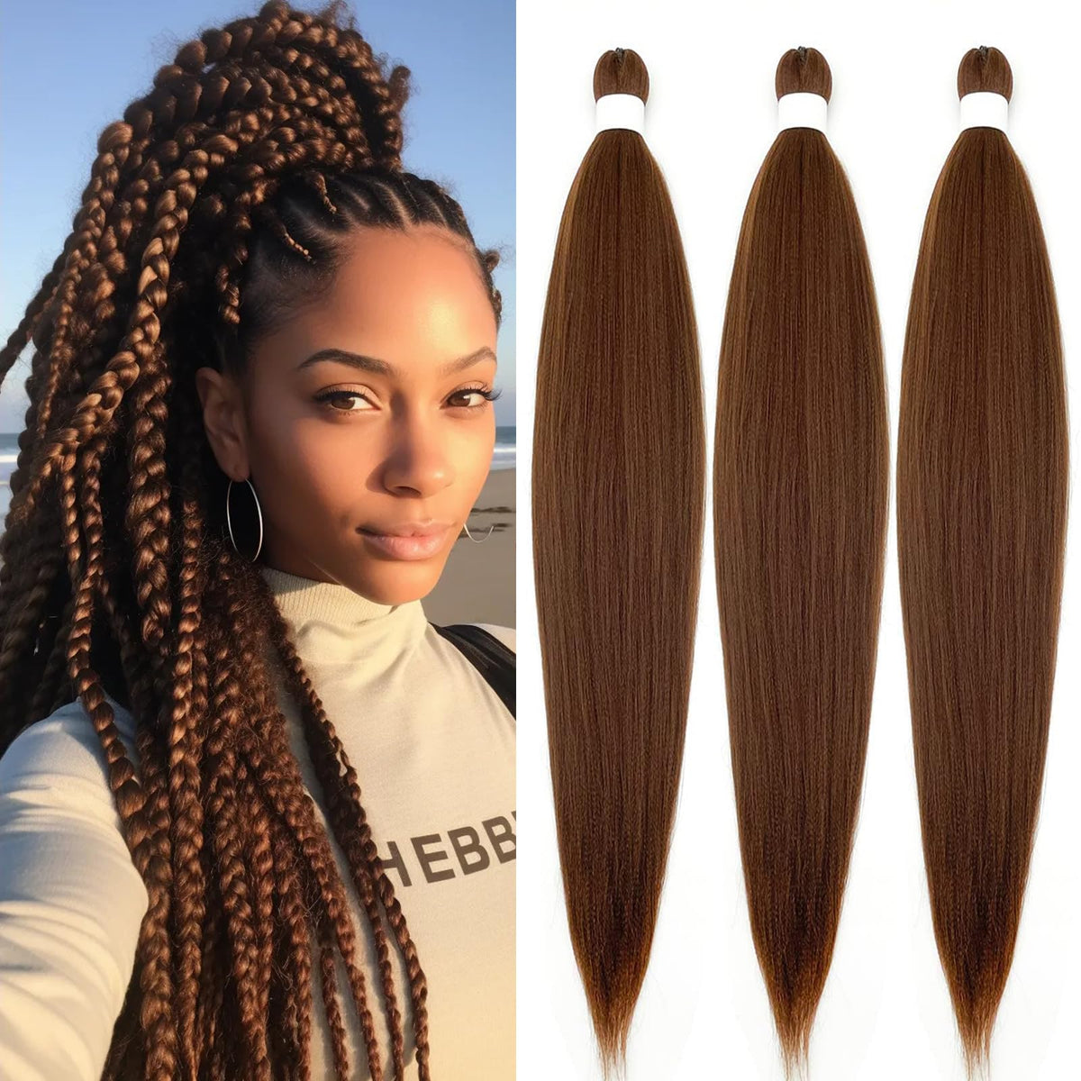 Roalnce 30 Inch Pre Stretched Braiding Hair - Brown Synthetic Knotless Yaki Texture (3 Packs)