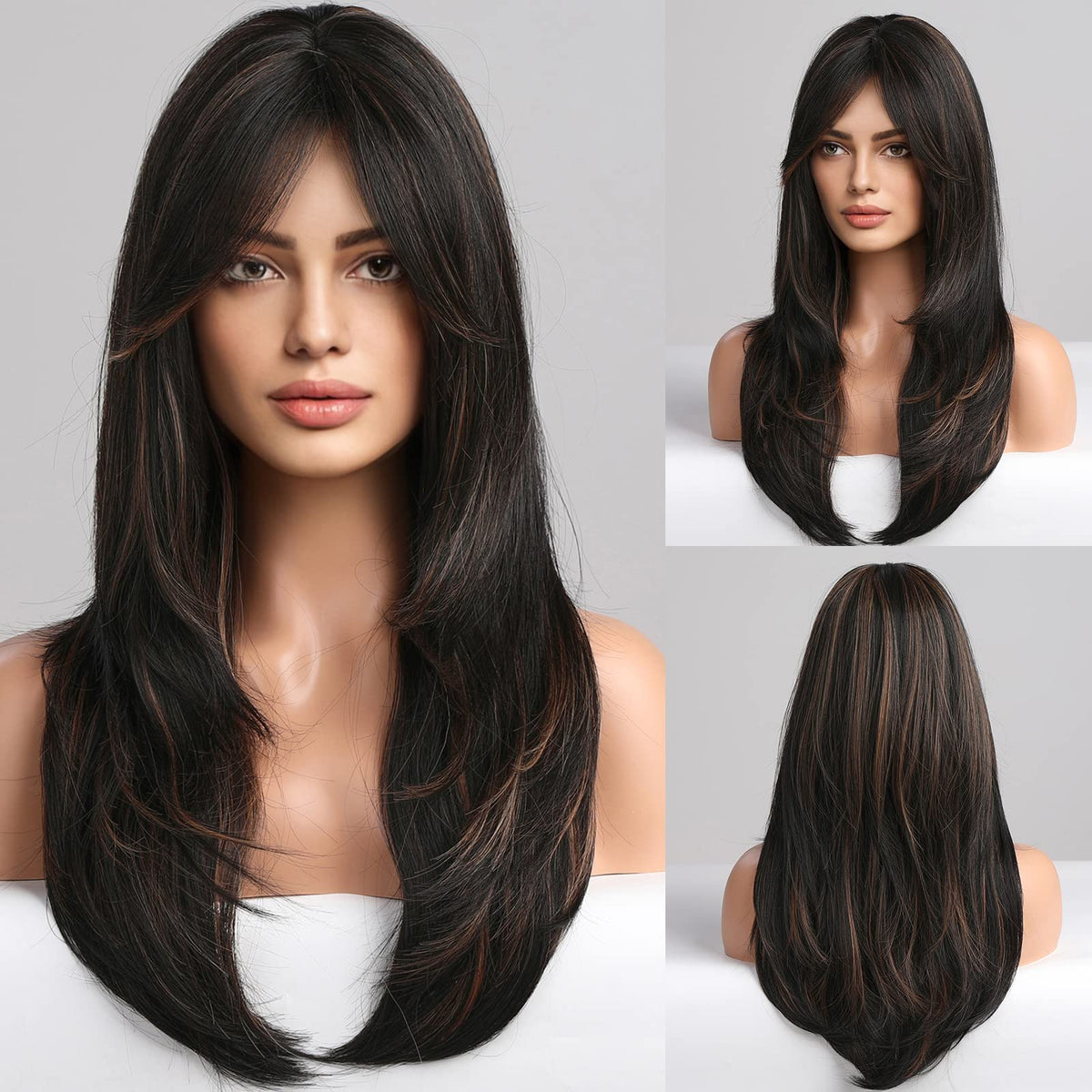 Haircube Long Layered Black Wig With Blonde Highlights & Bangs - Heat Resistant Synthetic Fiber