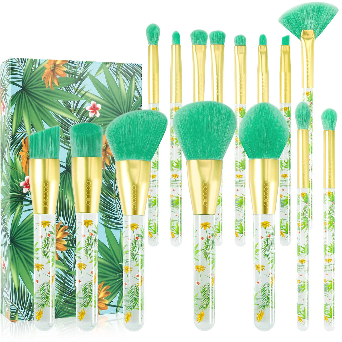 Docolor 14Pcs Tropical Makeup Brush Set - Premium Synthetic Kabuki Foundation & Eyeshadow Brushes