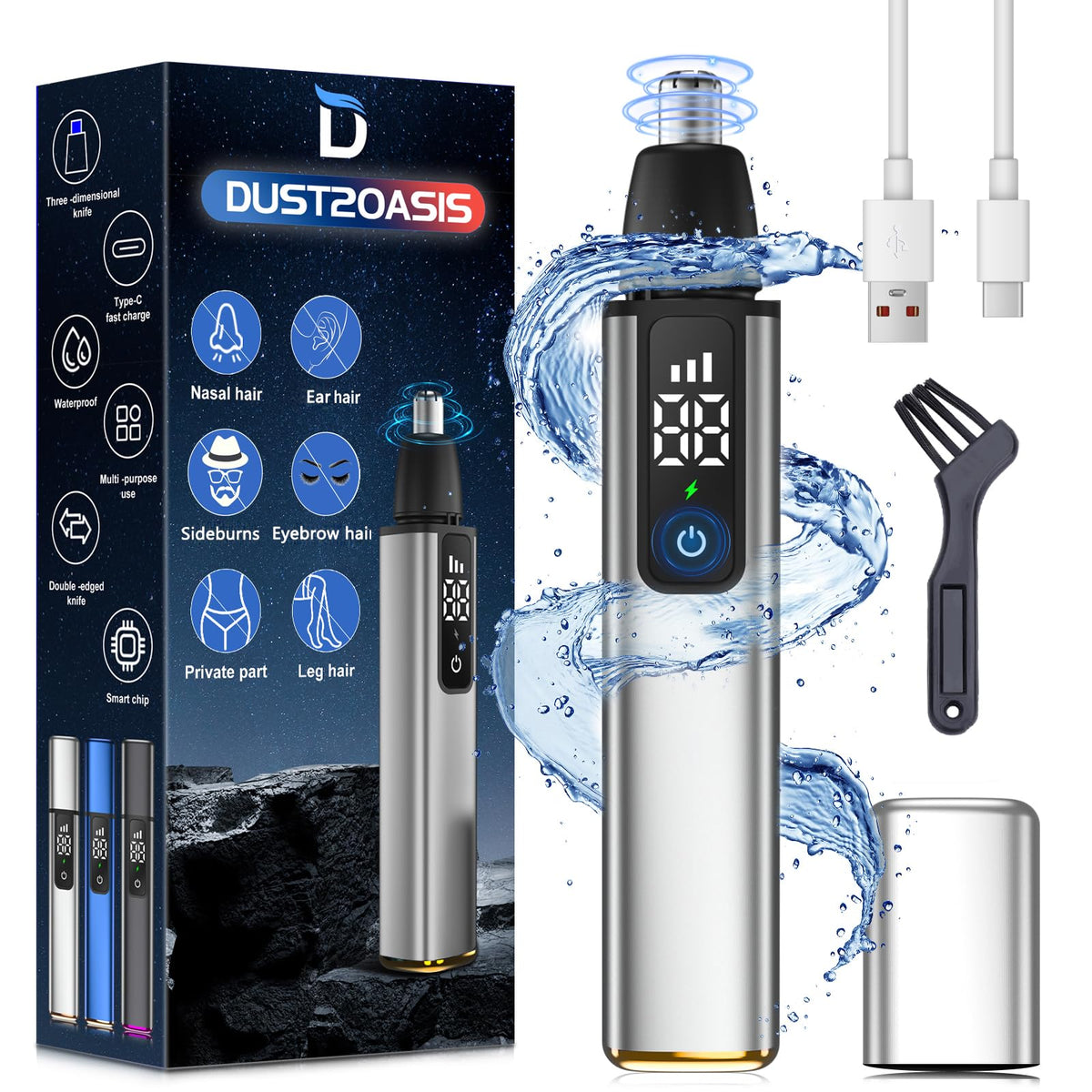 Dust2Oasis Ear And Nose Hair Trimmer - 15,000 Rpm, Waterproof, Dual Edge Blades, Led Display