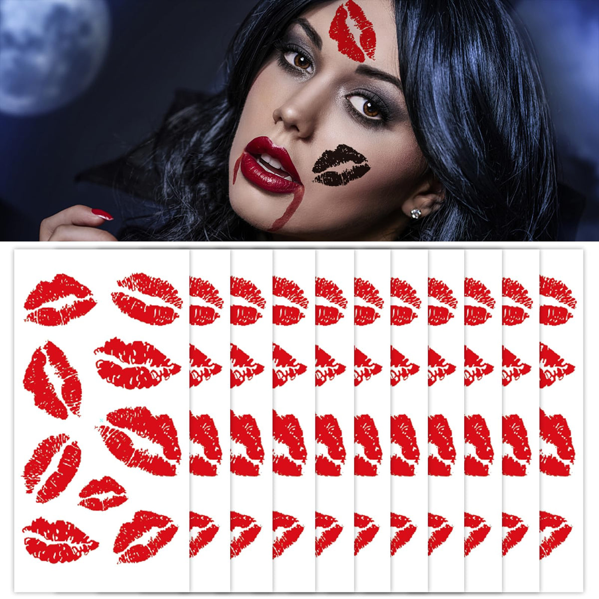 Iseobuoco 10 Sheets Red Lip Temporary Tattoo Stickers, Waterproof Kisses For Parties & Costumes