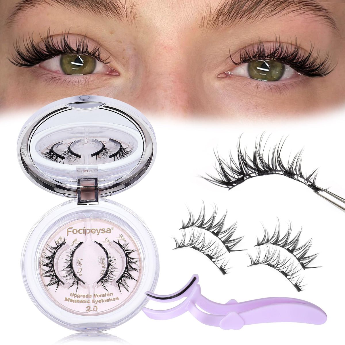 Focipeysa Magnetic Eyelashes - Wispy No Glue Needed False Lashes With Applicator, Easy Wear