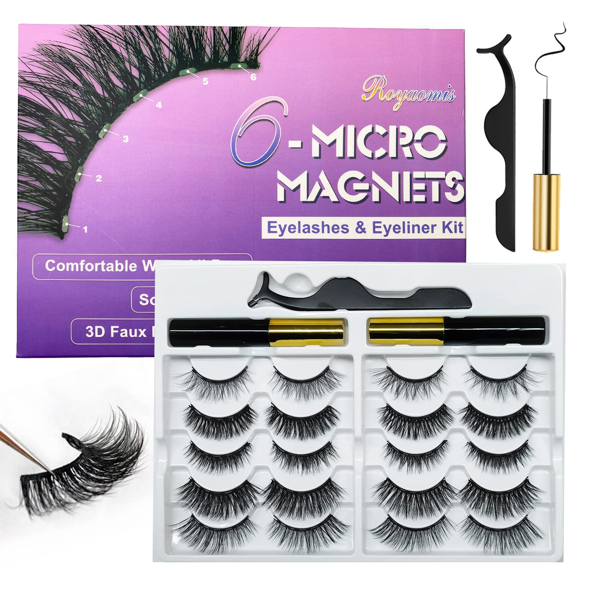 Royaomis 10 Pairs Magnetic Eyelashes With Eyeliner - Natural Looking, Easy To Wear, Reusable