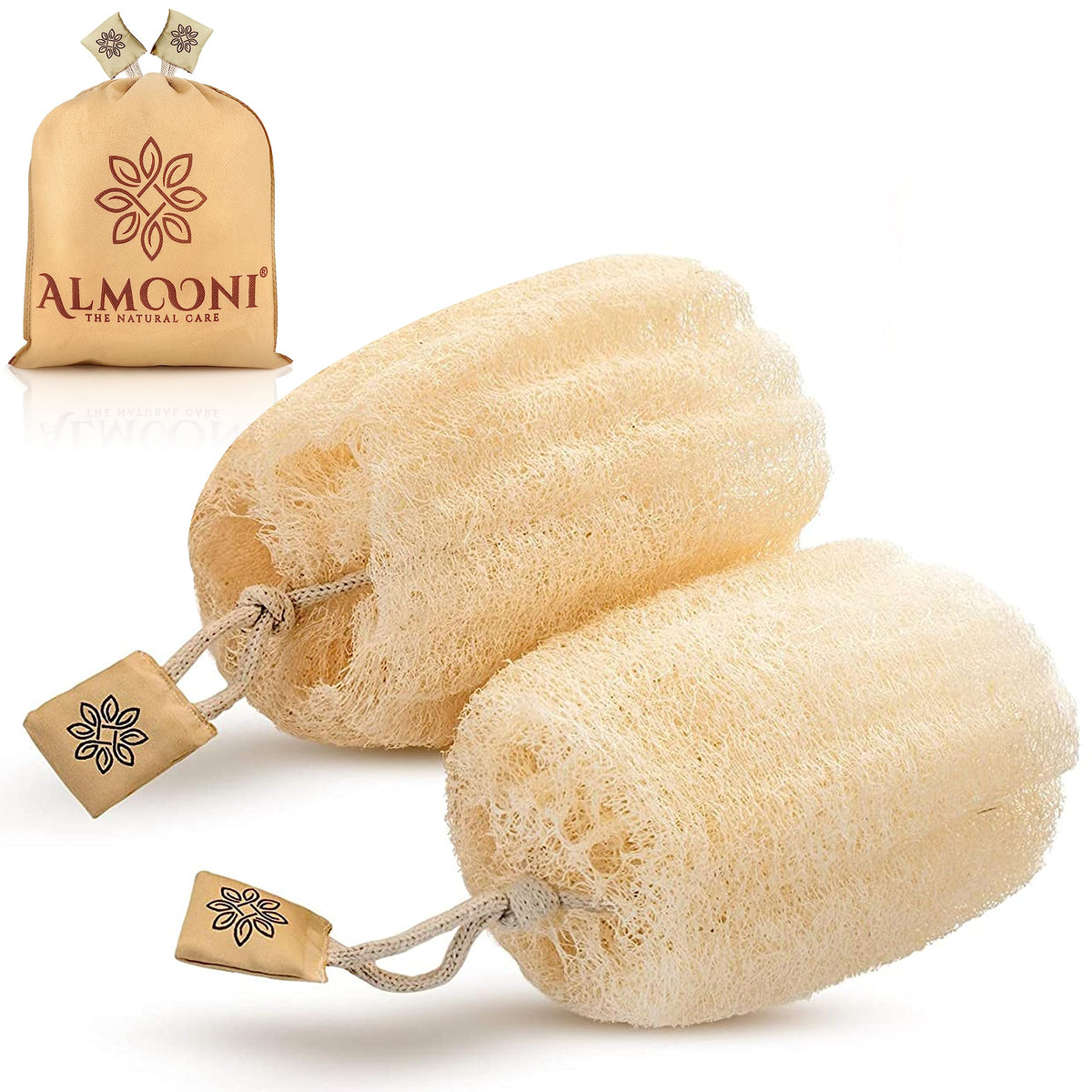 Almooni Egyptian Loofah Body Scrubber - Natural Exfoliating Sponge For Face & Body, 2 Count