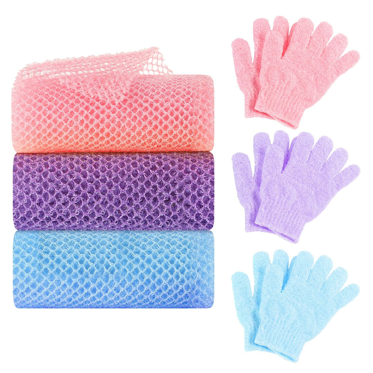 Wsicse 6 Pack African Net Sponge Set - Exfoliating Gloves & Bath Scrubbers, Pink, Purple, Blue