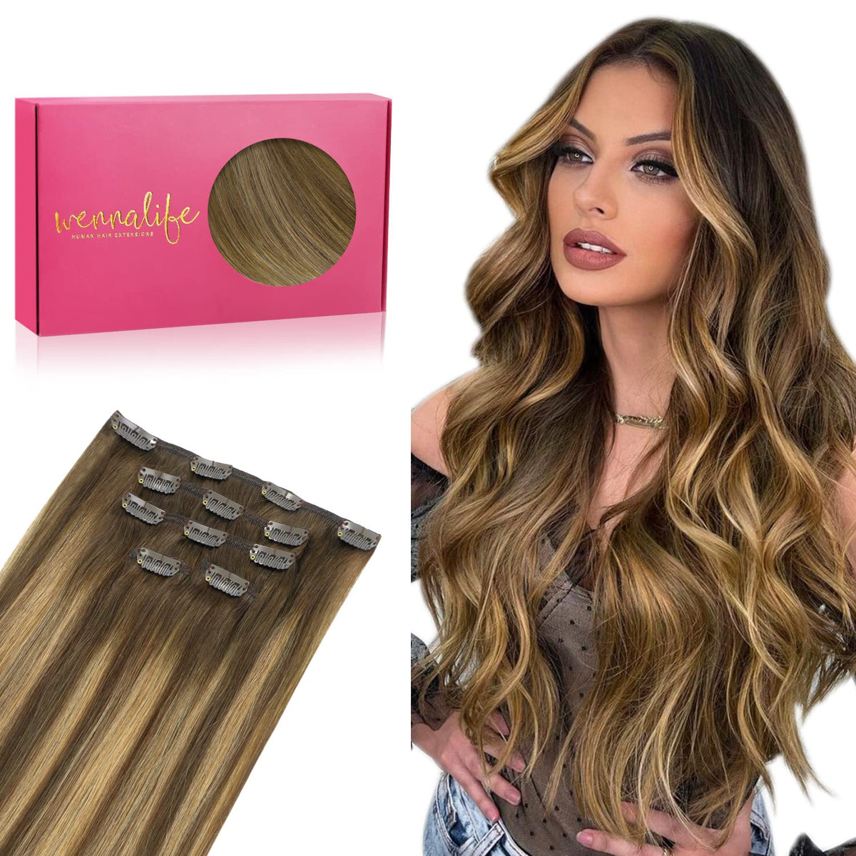 WENNALIFE 20&quot; Remy Clip-in Human Hair Extensions 80g, Balayage Chocolate Brown to Caramel Blonde