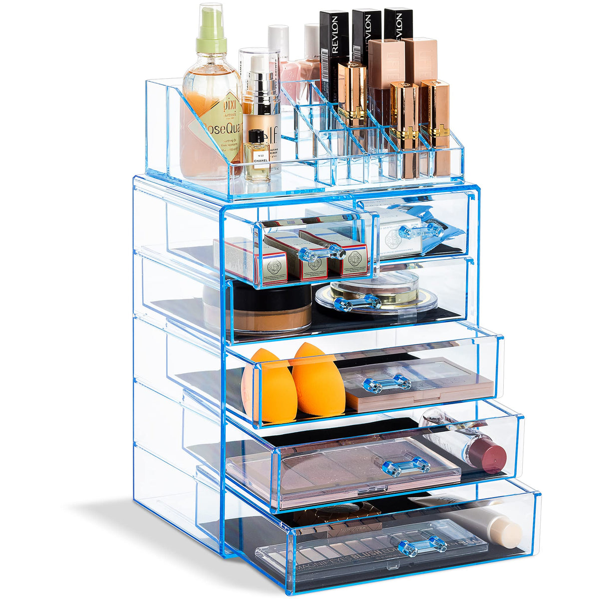 Sorbus Clear Acrylic Makeup Organizer - 4 Large & 2 Small Drawers, Blue Brilliance Storage