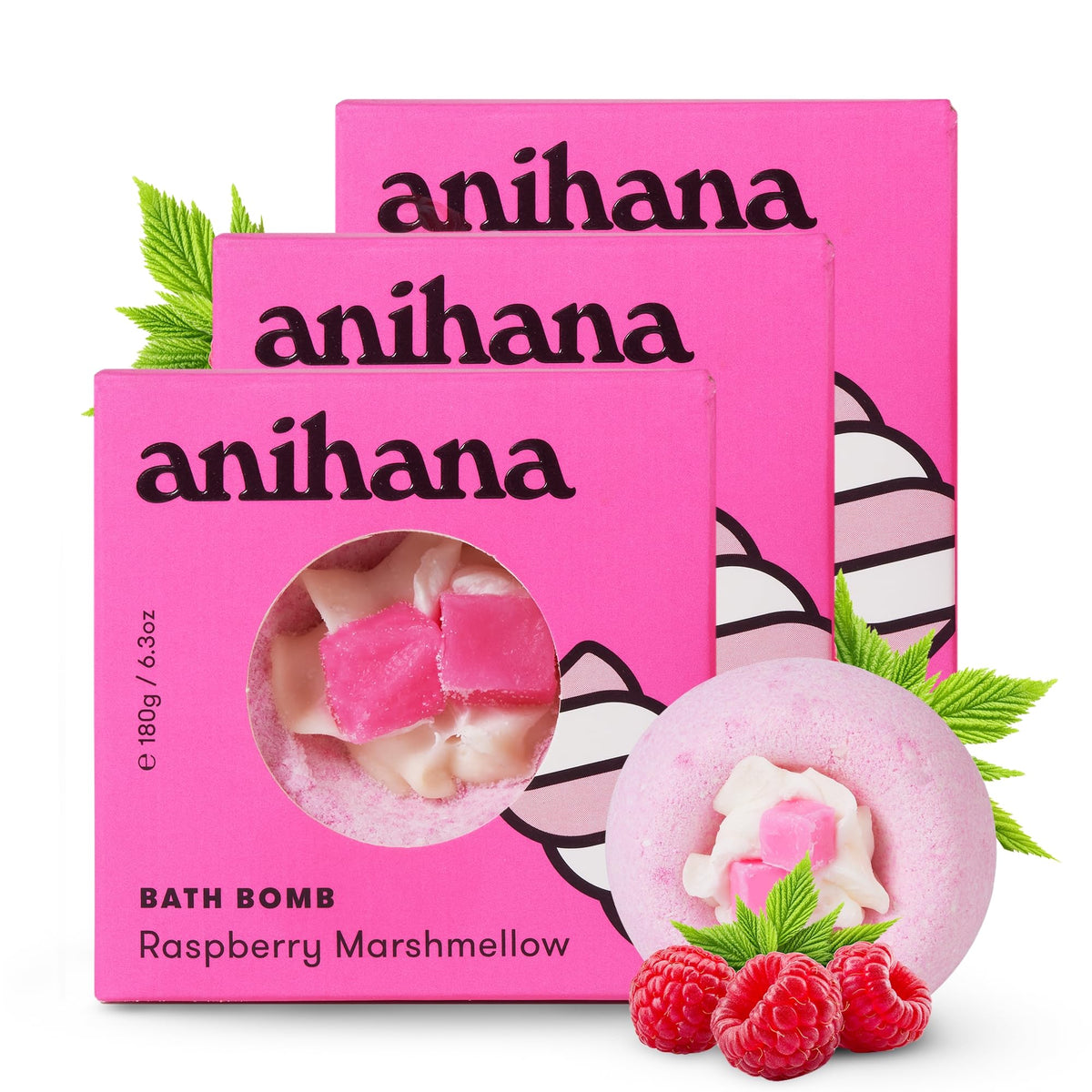 Anihana Bath Bombs - Luxury Fizzers With Coconut Oil, Raspberry Marshmallow Scent, 3 Pack