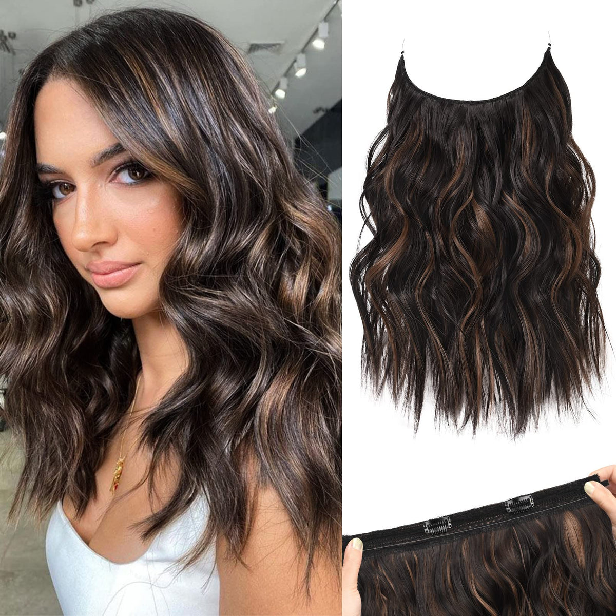 REECHO 12 Inch Invisible Wire Hair Extensions - Chocolate Brown with Highlights, Adjustable Clips