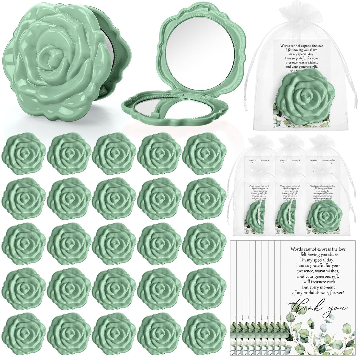 Foldtier Green Rose Compact Mirror Wedding Favors With Thank You Cards & Organza Bags, 50 Sets