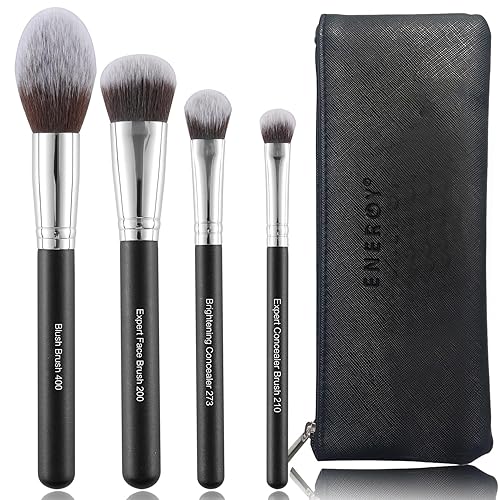 ENERGY 4PCS Makeup Brush Set - Foundation, Blush, Eyeshadow, Vegan Synthetic Bristles, Travel Case