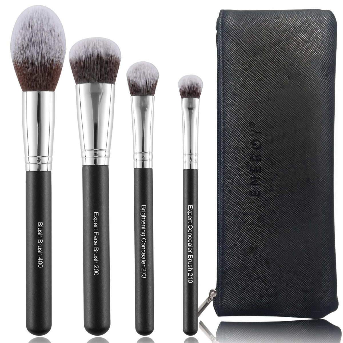 Energy Luxury Makeup Brush Set - 4Pcs With Pu Bag, Cruelty-Free, Vegan Synthetic Bristles, Black