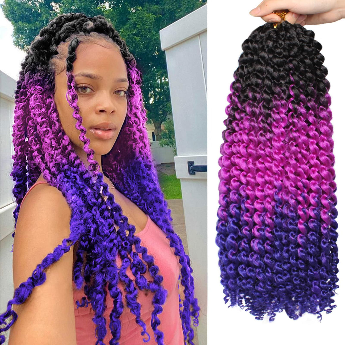 Zrq 18 Inch Passion Twist Hair 7 Packs Water Wave Ombre Purple Blue Synthetic Crochet Extensions