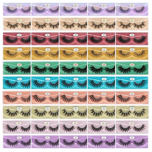 FARRED 50 Bulk Faux Mink Lashes - 10 Styles, 10-20mm Volume 3D False Eyelashes