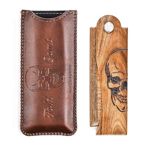 Menesia Men's Pocket Folding Wooden Beard Comb Set with Leather Case - Green Sandalwood