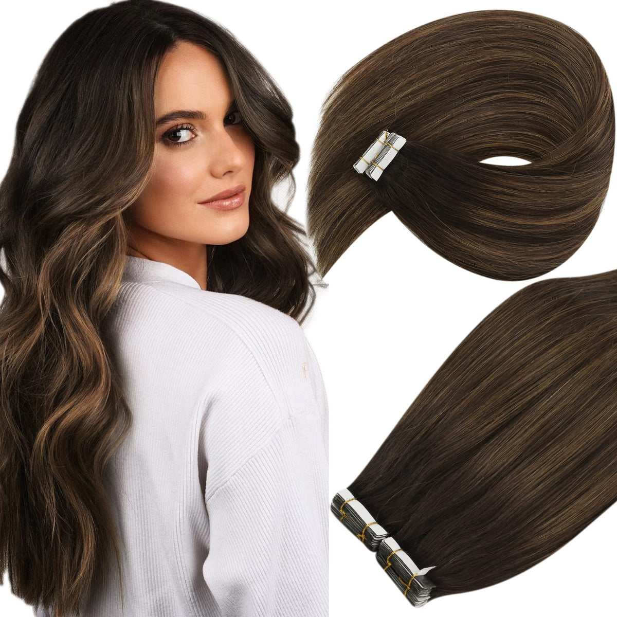 Vesunny Brown Balayage Tape In Hair Extensions, 18&quot; Remy Human Hair, 20Pcs, Ombre Dark To Medium