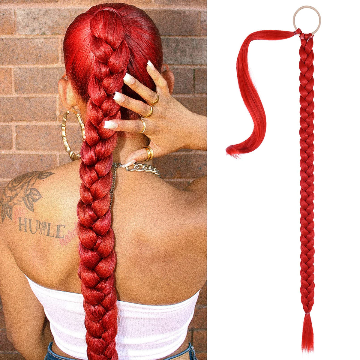 Seikea 34&quot; Red Braided Ponytail Extension - Soft Synthetic Hair Wrap For Women Daily Wear