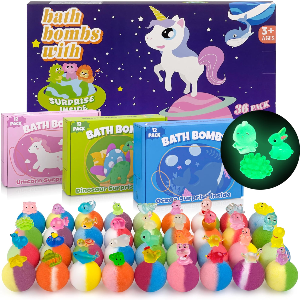 Dovipe Bath Bombs For Kids - 36 Pcs Glow In The Dark Toys, Animal & Ocean Surprises