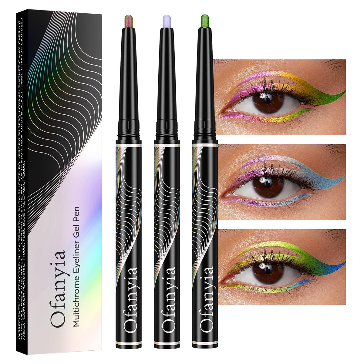 Ofanyia Multichrome Waterproof Gel Eyeliner Pencil Set, 3 Pcs Metallic Shifting Colors