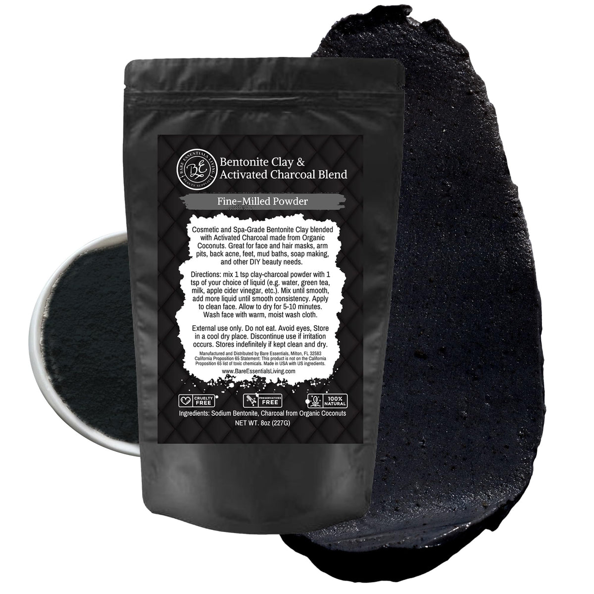 Bare Essentials Living Bentonite Clay & Activated Charcoal Powder Blend - 8Oz For Face & Hair Masks