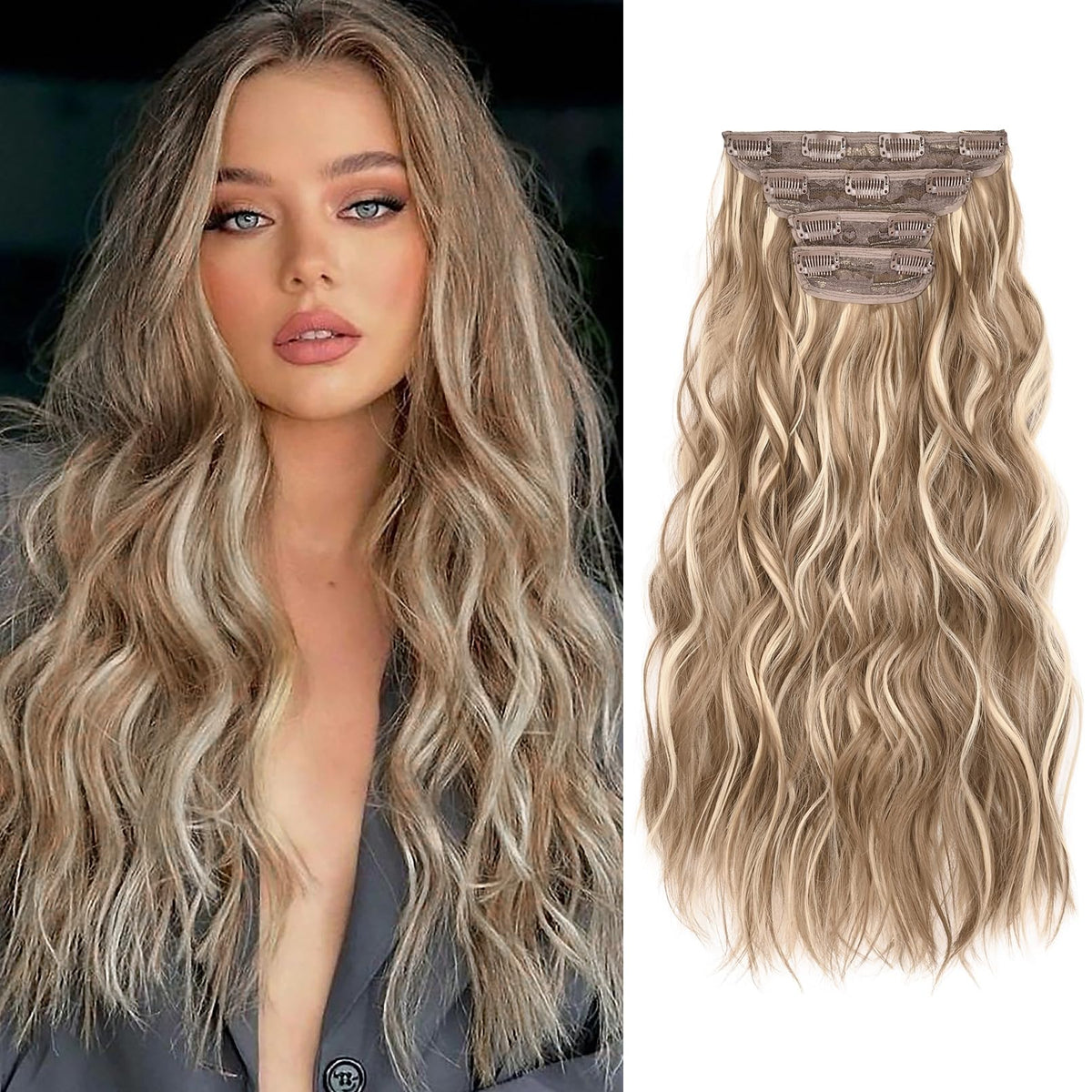 REECHO 4PCS Clip-in Hair Extensions 20 Inch, Dark Blonde with Light Blonde Highlights, Synthetic